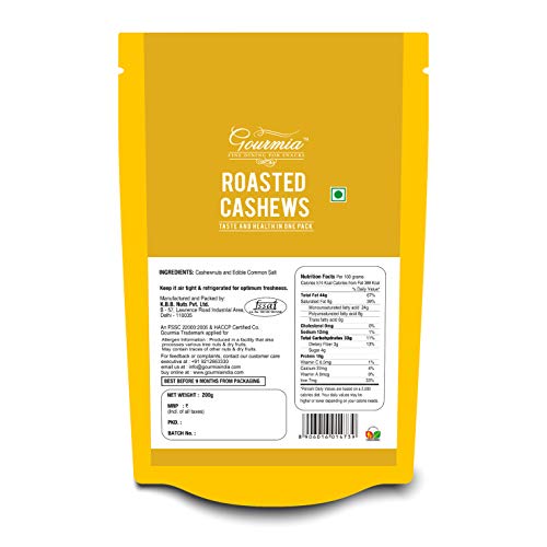 Gourmia Roasted Cashews Lightly Salted 200g | Large W240 Size | Crunchy & Delicious | Whole Crunchy Cashew | Roasted Kaju Nuts | Nutritious | No Artificial Colours | Low Added Salt (Pack of 2)