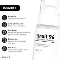 Shrur Snail Mucin 96 Power Repairing Essence, Hydrating Serum for Face, formulated with Snail Secretion Filtrate to Address Dull Skin & Fine Lines Korean Skincare - 50 ml