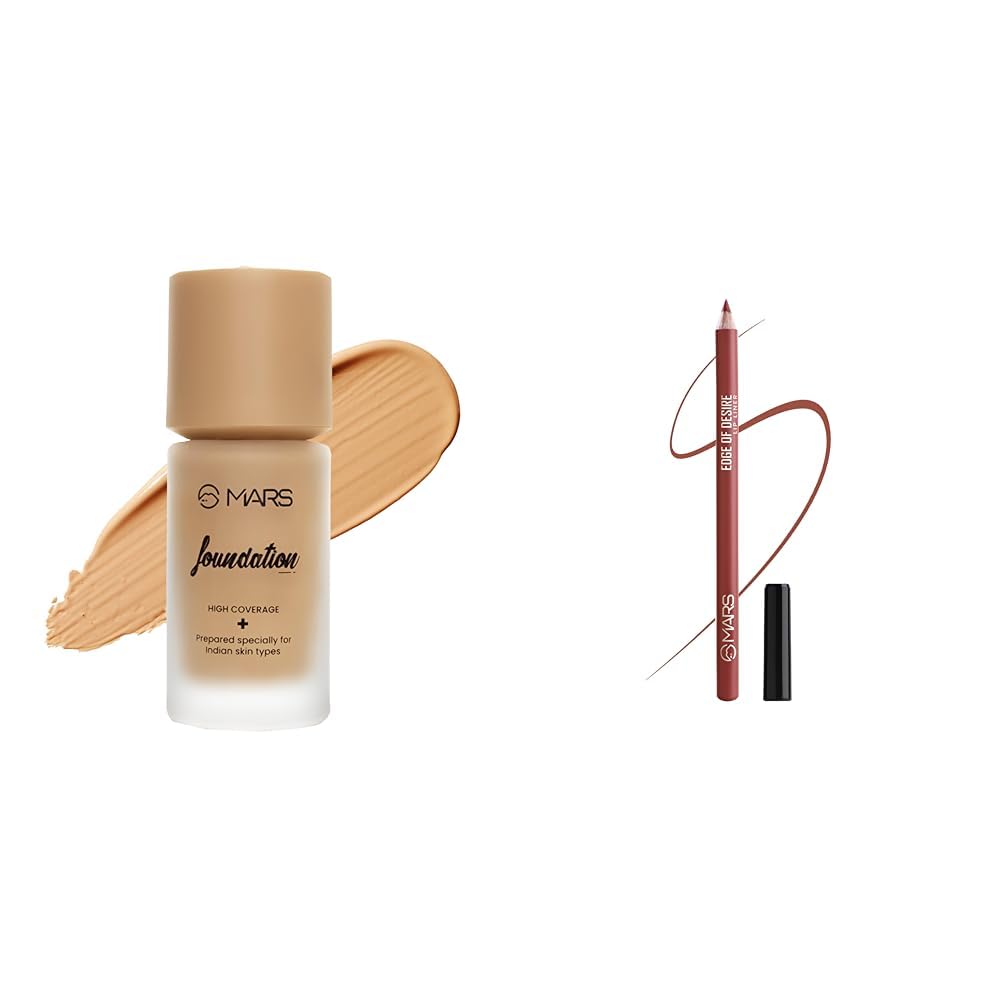 MARS High Coverage Liquid Foundation | Blemish Free & Blendable for All Skin Makeup (40ml) (SHADE-5.5) Matte Lip Liner | One Swipe Smooth Application | Long Lasting Lip Pencil (1.4gm) (20-CHILL RED)