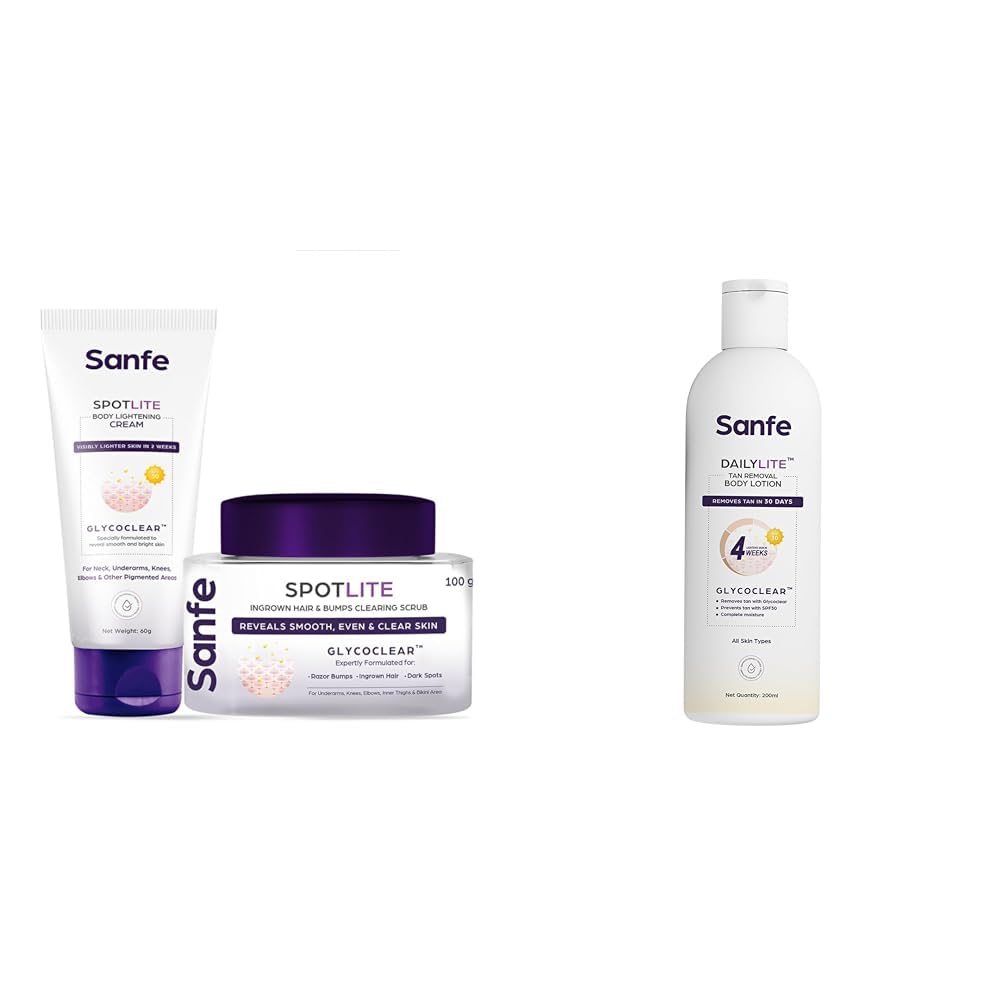 Sanfe 2 Steps Spotlite Kit For Dark Underarms Bikini Neck Knees & Elbows Spotlite Cream & Scrub DailyLite Tan Removal Body Lotion