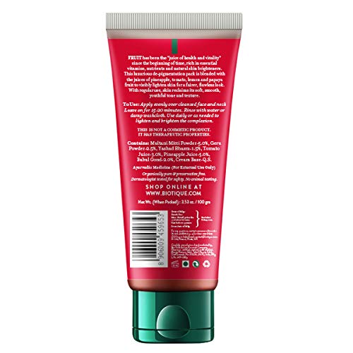 Biotique Bio Fruit Whitening/Brightening Lip Balm, 12g & Biotique Fruit Brightening Depigmentation & Tan Removal Face Pack For All Skin Types, 100ml