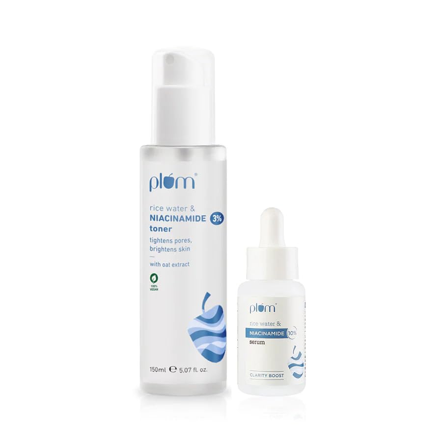Plum 3% Niacinamide & Rice Water Face Toner (150ml) + 10% Niacinamide Face Serum (15ml) | Alcohol Free Toner | Skincare Combo for Pore Tightening, Acne Control, Brightening & Oil Control | Women & Men