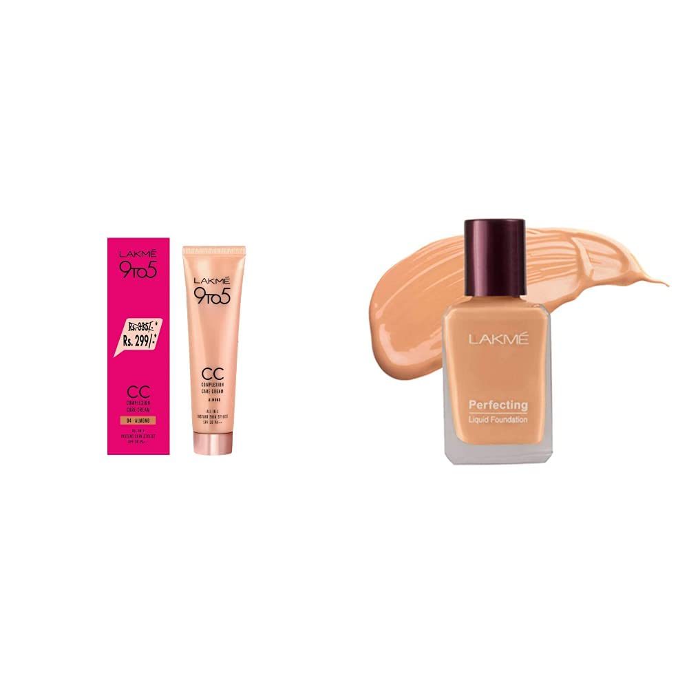 LAKMÉ 9 To 5 Complexion Care Cc Light Coverage Face Cream, Almond, Conceals Dark Spots & Blemishes, 30G & Perfecting Natural Liquid Foundation for Acne Prone Skin, Shell, 27Ml