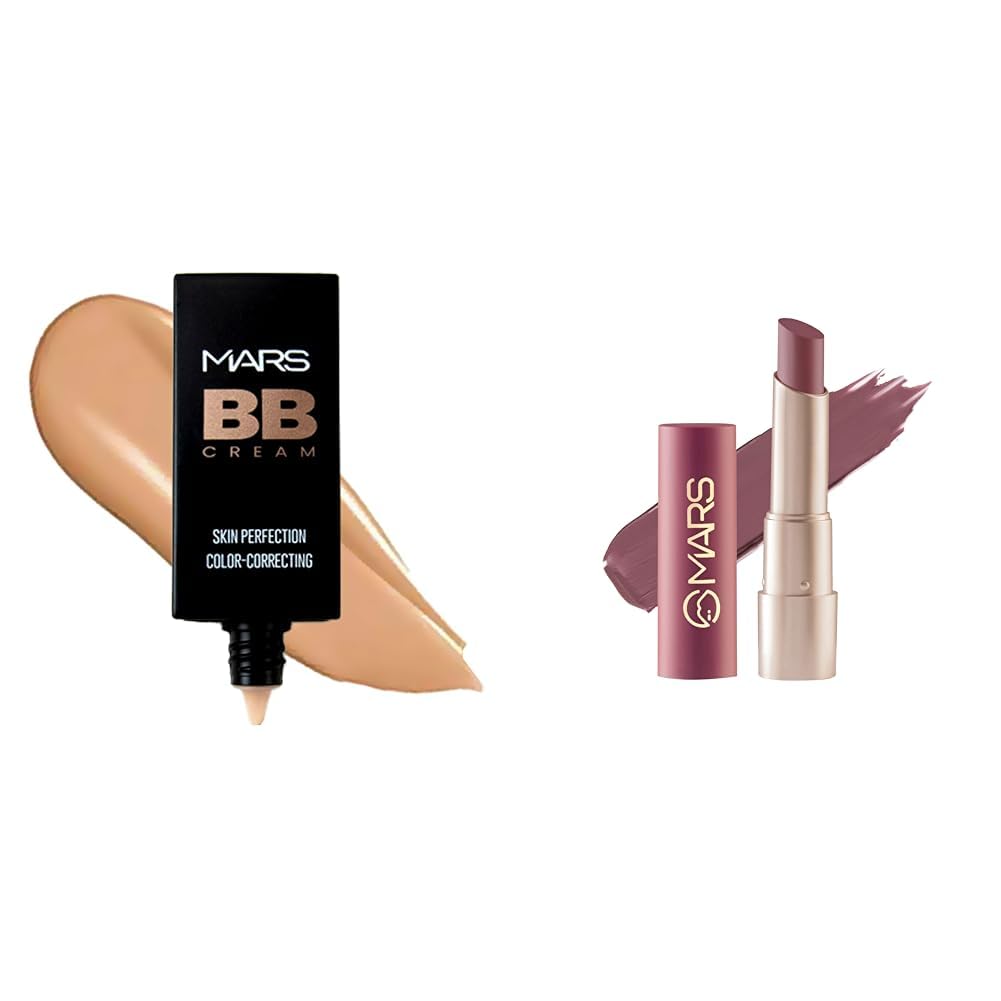 MARS BB Cream Lightweight Foundation | Blendable BB Cream for Women(30 ml) (Tan) Creamy Matte Long Lasting Lipstick for Women (3.2 gm) (20-Grapeful Ghoomar)
