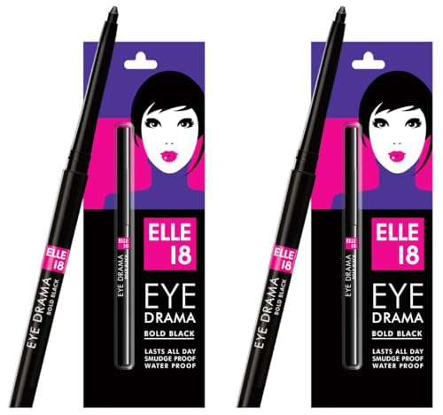 Lakmé Elle 18 Eye Drama Kajal, Super Black, Smudgeproof & Waterproof, 0.35 G, Matte Finish Pencil (Pack Of 2)