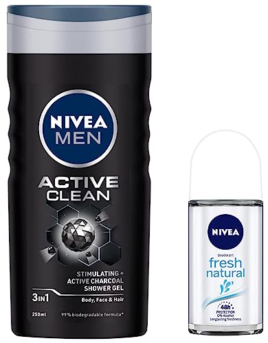Nivea Men Shower Gel, Active Clean Body Wash, Men, 250ml & Deodorant Roll On, Fresh Natural, 50ml