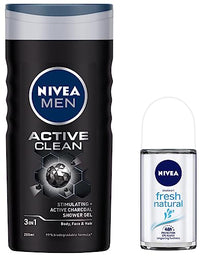 Nivea Men Shower Gel, Active Clean Body Wash, Men, 250ml & Deodorant Roll On, Fresh Natural, 50ml