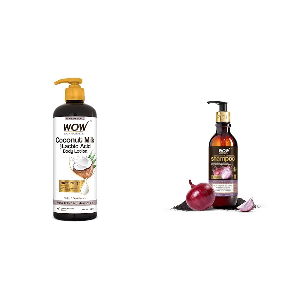 WOW Skin Science Coconut Milk & Argan Oil Body Lotion - Medium Hydration - No Mineral Oil & WOW Skin Science Red Onion Black Seed Oil Shampoo with Red Onion Seed Oil Extract