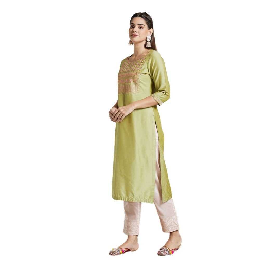 Kashish Women's  Viscose Embroidered Round Neck Straight Fit Kurta