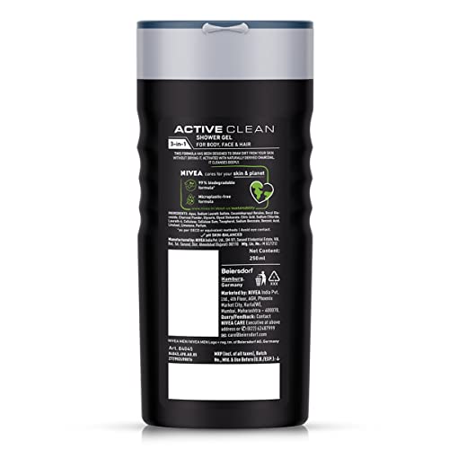 NIVEA Men Body Wash, Active Clean with Active Charcoal, Shower Gel for Body, Face & Hair, 250 ml