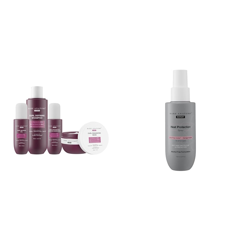 Bare Anatomy Curl Defining Shampoo + Hair Mask + Leave-In Conditioner + Gel 250ml + 250g + 140ml + 140ml Heat Protection Spray Serum For Women & Men | Vegan |230 掳C Heat Protection 150 ml