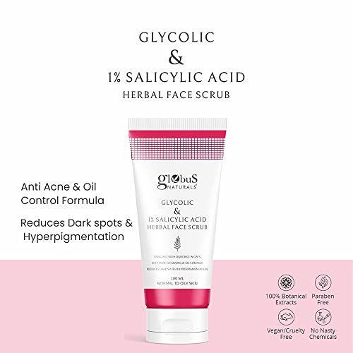 Globus Naturals Glycolic & 1% Salicylic Acid Anti-Acne Face Care Combo - Set of 4 Wash, Cream, Gel & Scrub