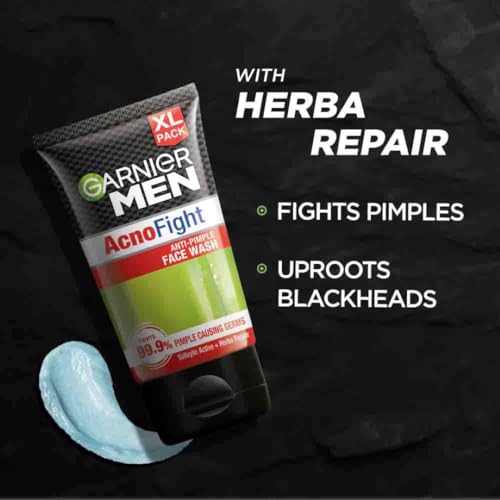 Garnier Men Acno Fight Anti Pimple Face Wash, Anti Pimple Face Wash with Salicylic Acid and Herba Repair, Suitable for all Skin Types, 150g