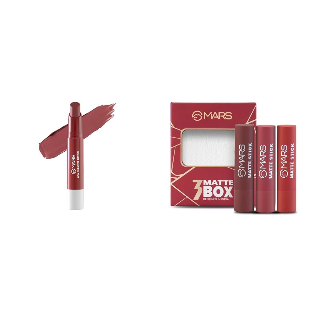 MARS Matte Super Stay Lipstick | Up to 12 Hours Long Lasting | Smudge Proof and Waterproof Lipstick for Women (2.6 gm) (02-TREASURE) Matte Box Set of 3 Lipsticks for Women (3x3.2 gm) (01-Red & Maroon)