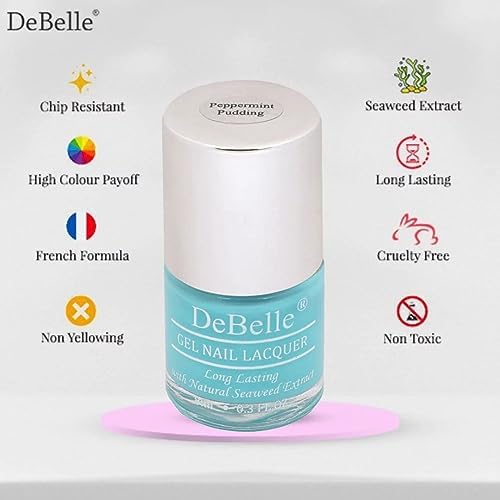 DeBelle Gel Nail Polish Peppermint Pudding (Mint Green Nail Paint)|Non UV - Gel Finish |Chip Resistant | Seaweed Enriched Formula| Long Lasting|Cruelty and Toxic Free| 8ml