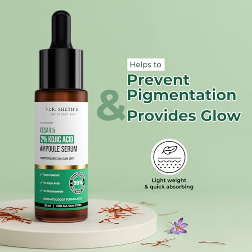 Dr. Sheth's Kesar & 2% Kojic Acid Ampoule Serum | For Glowing Skin | Daily Use Pigmentation Fighting Serum | For Dark Spots | For Men & Women | 30 ml