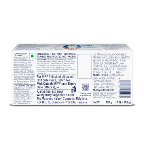 Sensodyne Toothpaste Fresh Mint, Sensitive tooth paste for daily sensitivity protection, 2 x 125gm Duo Pack