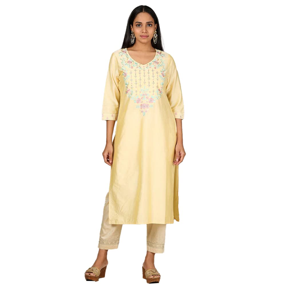 Kashish Women's  Viscose Embroidered Round Neck Straight Fit Kurta