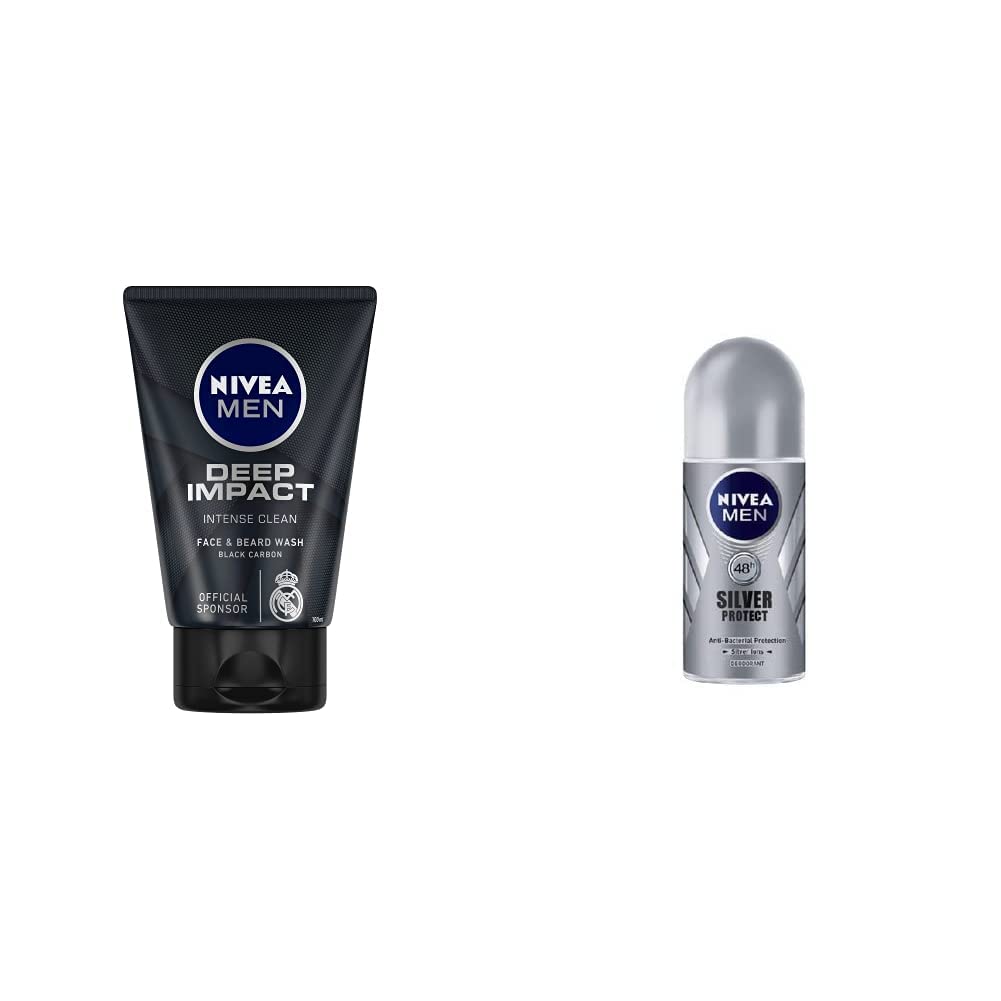 Nivea Men Face Wash, Deep Impact Intense Clean, 100g & Men Deodorant Roll On, Silver Protect, 50ml