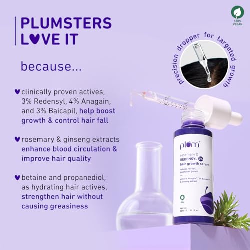 Plum Hair Growth Serum | With Rosemary, 3% Redensyl, 4% Anagain, 3% Baicapil, & Ginseng Extract | Reduces Hairfall, Boosts Hair Growth, Improves Hair Density |For Men & Women | 30ml (Pack of 2)
