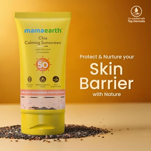Mamaearth Chia Calming Sunscreen with Chia Seed & Ceramides for Hydrated Glow & Sun Protection - 50 g | SPF 50 PA++++ | Co-Created With Top Dermats | For Dry to Normal, Sensitive Skin | Healthy Skin Barrier