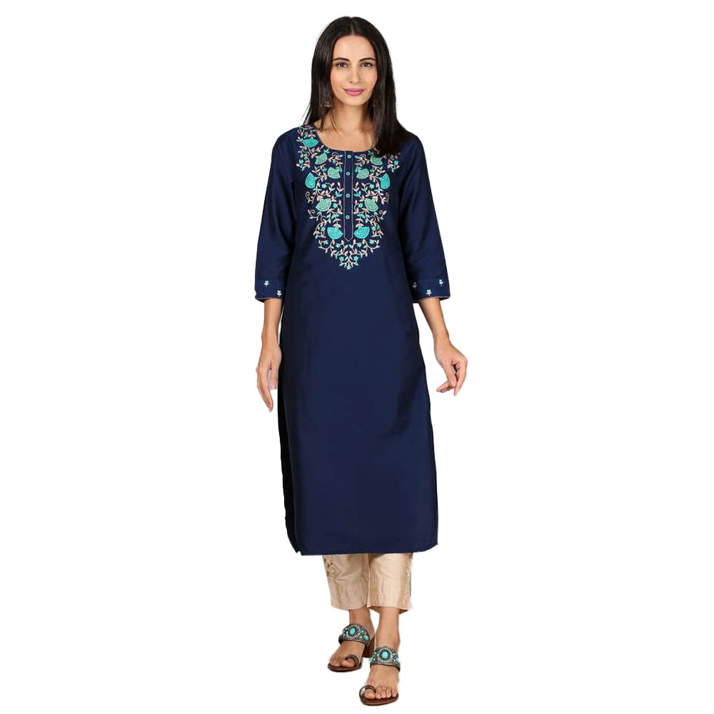 Kashish Women's  Viscose Embroidered Round Neck Straight Fit Kurta