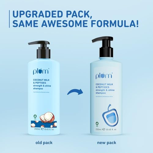 Plum Coconut Shampoo for Dull Hair with Coconut Milk and Peptides for Strong & Shiny Hair I 22x shine I Soft, silky hair I Shampoo for Women and Men | SLS sulphate and paraben free shampoo I 250ml (Pack of 2)