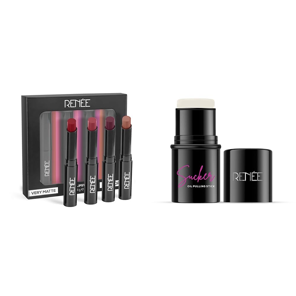 RENNE Very Matte - Pack of 4 Matte Lipsticks & RENEE Sucker Oil Pulling Primer Stick 5gm Combo