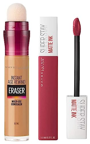Maybelline New York Super Stay Matte Ink Liquid Lipstick, 80 Ruler, 5ml & Maybelline New York Instant Age Rewind Concealer, Caramel, 6ml