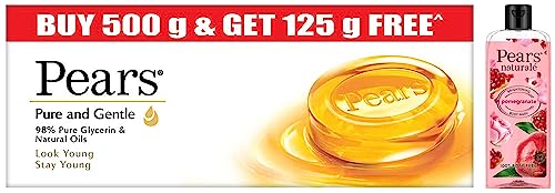 Pears Pure & Gentle Moisturising Bathing Bar Soap with Glycerine For Golden Glow 125g (Pack of 5) & Naturale Brightening Pomegranate Bodywash With Glycerine, 250 ml