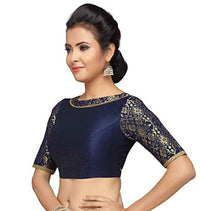 X3 Women's  Brocade And Silk Readymade Saree Blouse With Boat Neck And Elbow Length Sleeves Navy Blue 36