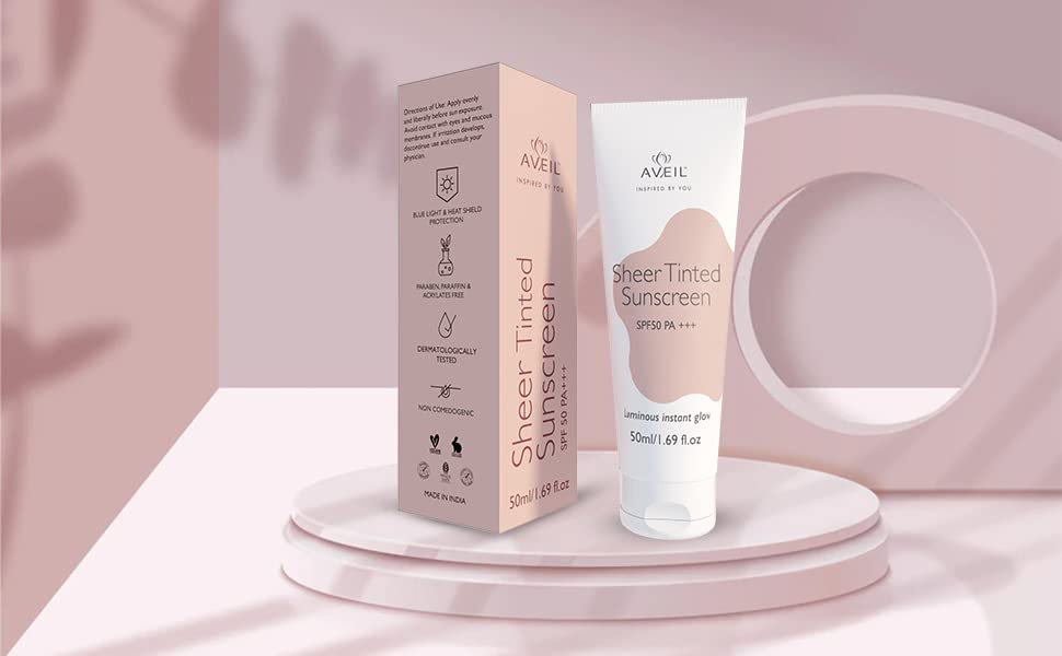 AVEIL Sheer Tinted Sunscreen SPF 50 PA +++ | 50 ml | UVA, UVB & Blue Light Protection | No White Cast | For All Skin Types | Water & Sweat Resistant | Hydrating Sunscreen | Sun-Safe Skin | Pack of 1