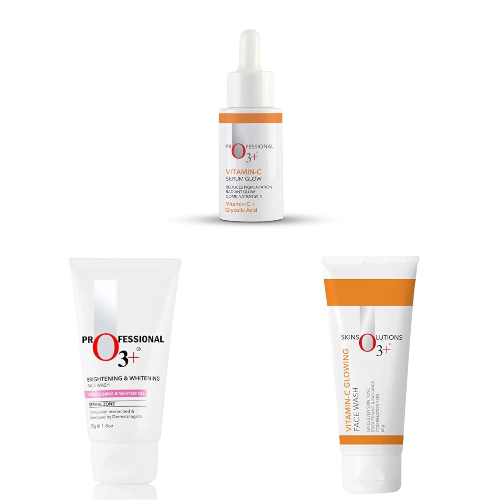 O3+ Vitamin C Serum Glow- Face & O3+ Brightening and Whitening Face Wash, 50g & O3+ Vitamin C Face Wash Glow For Daily Brightening & Gentle Cleansing 60g