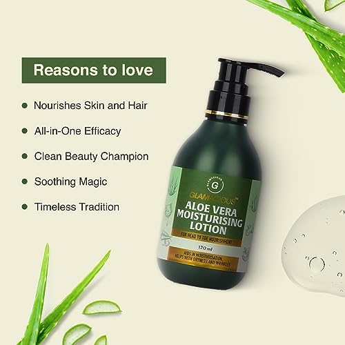 GLAMACIOUS Aloe Vera Moisturising Lotion for Face, Skin & Hair - 170ml|Reduces Dandruff, Wrinkle & Lightens Facial Blemishes.
