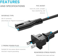 Figure 8 Power Cord 5Ft, 2 - Prong Cable Connector Compatible with Home Office Electronics TV, Printer, Laptop, Samsung Monitor