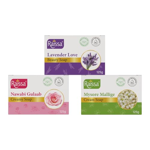 Raissa Bath Soap, 125g (Pack of 3) Nawabi Gulaab, Lavender Love and Mysore Mallige | Alcohol-Free Fragrance | No Harsh Chemicals -Jasmine, Rose and Lavender Fragrances