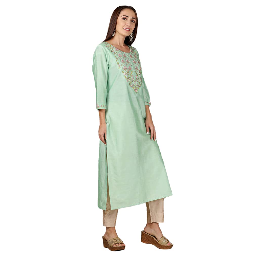 Kashish Women's  Viscose Embroidered Round Neck Straight Fit Kurta
