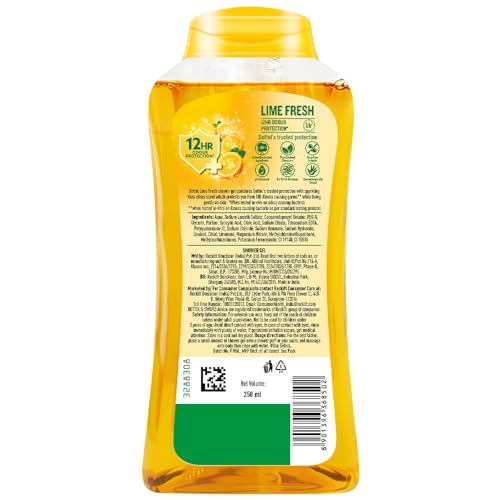 Dettol Body Wash and Shower Gel for Women and Men,Lime fresh, Refresh - 250ml | Soap-Free Bodywash | 12h Odour Protection