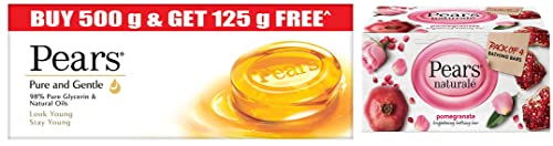 Pears Pure & Gentle Moisturising Bathing Bar Soap with Glycerine For Golden Glow 125g (Pack of 5) & Natural Pomegranate Brightening Bathing Soap Bar, 125 g (Pack of 4)