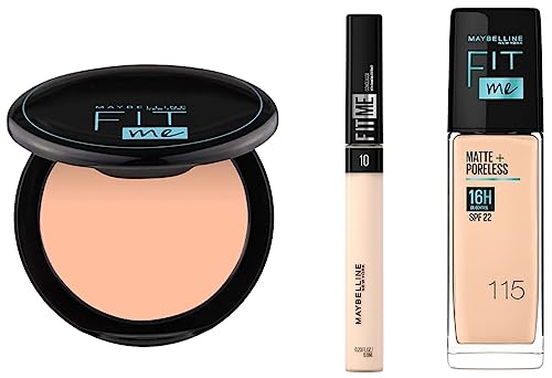 Maybelline New York Fit Me Matte+Poreless Liquid Foundation, 115 Ivory 30ml, Concealer, 10 Light, 6.8ml and Compact Powder, Shade 115 Ivory, 8g