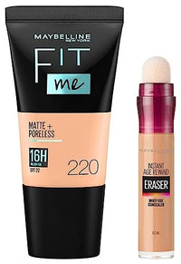 Maybelline New York Instant Age Rewind Concealer, Medium, 6g and Maybelline New York Fit Me Matte+Poreless Liquid Foundation Tube, 220 Natural Beige, 18ml