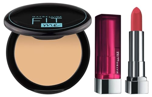 Maybelline New York Matte Lipstick, Intense Colour, 671 Heated Pink, 3.9g & Maybelline New York Oli Control Powder, With SPF to Protect Skin from Sun, Absorbs Oil, Fit Me, 128 Warm Nude, 6g
