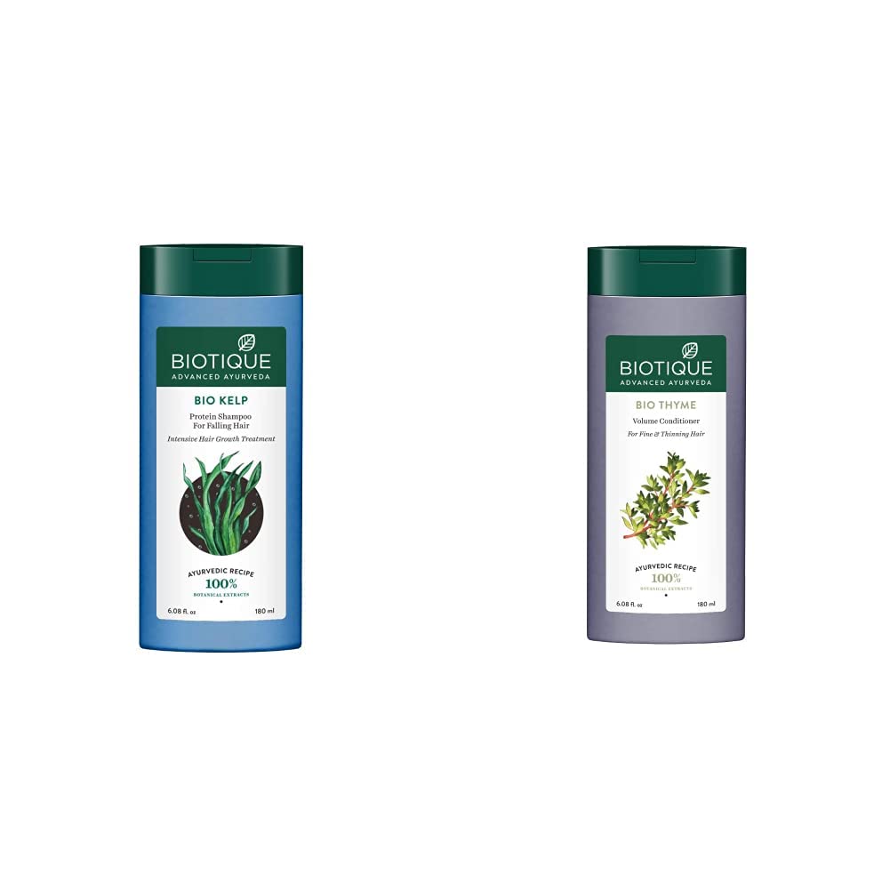Biotique Bio Kelp Protein Shampoo for Falling Hair Intensive Hair Regrowth Treatment, 180ml & Biotique Bio Thyme Volume Conditioner for Fine and Thinning Hair, 180ml