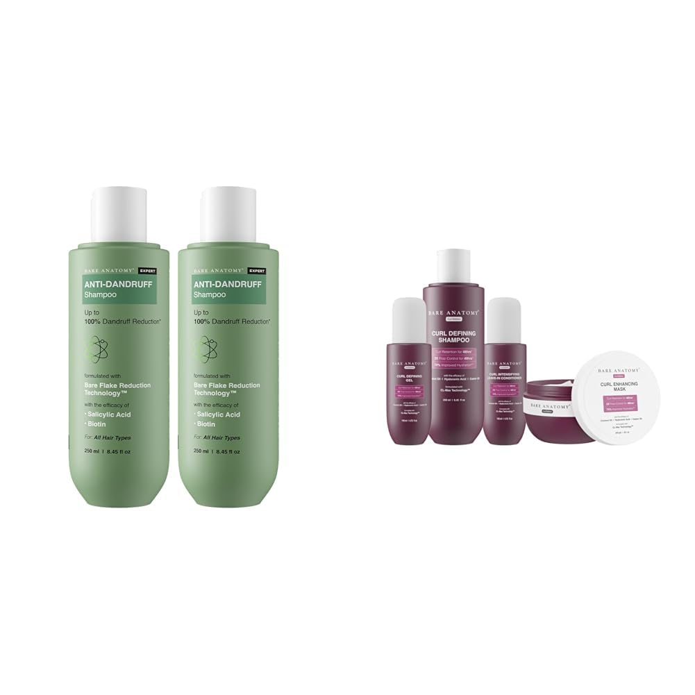 Bare Anatomy Anti Dandruff Shampoo All Hair Types | Women & Men | 250ml (Pack of 2) Curl Defining Shampoo + Hair Mask + Leave-In Conditioner + Gel 250ml + 250g + 140ml + 140ml
