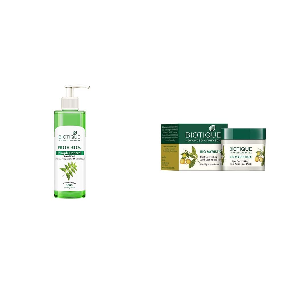 Biotique Bio Neem Purifying Face Wash, 200ml & Bio Myristica Spot Correcting Anti Acne Face Pack, 20g
