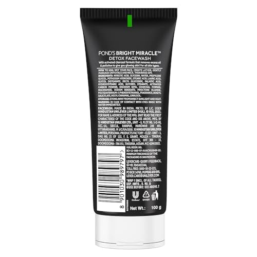 POND's Bright Miracle Detox Facewash | 10X Power Of Activated Charcoal| For Deep Cleaned Skin | Reveals Glow, Pollution Clear Face Wash, 100Gm