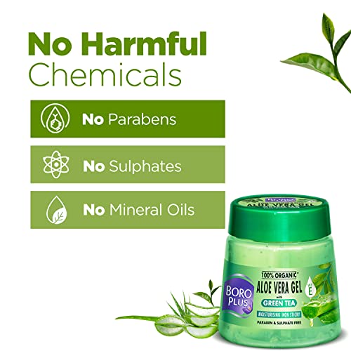 Boroplus Aloe Vera Gel With Green Tea 100% Organic For Skin & Hair, Rich In Vitamin E And Antiseptic Herbs For Smooth, Nourished And Moisturised Skin, 200Ml