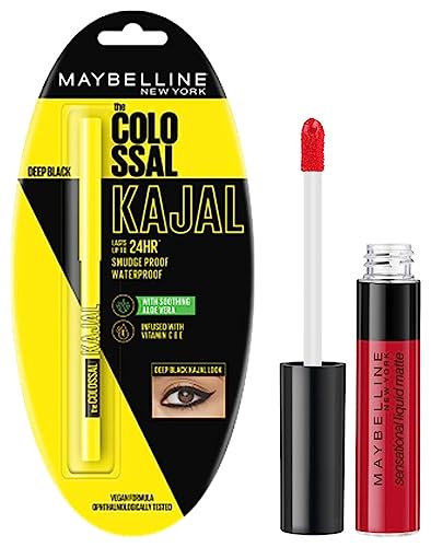 Maybelline New York Colossal Kajal, Black, 0.35G And Maybelline Sensational Liquid Matte Lipstick, Flush It Red, 7 ml