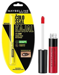 Maybelline New York Colossal Kajal, Black, 0.35G And Maybelline Sensational Liquid Matte Lipstick, Flush It Red, 7 ml