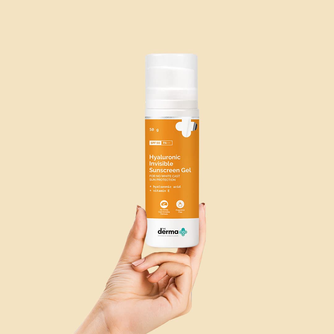 The Derma Co Hyaluronic Invisible Sunscreen SPF 50 Gel For All Skin With Hyaluronic Acid & Vitamin E For No White Cast Sun P, 1 Count